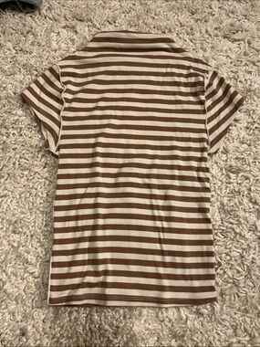 Free People - Cropped Brown & Cream Striped Short Sleeve mock neck